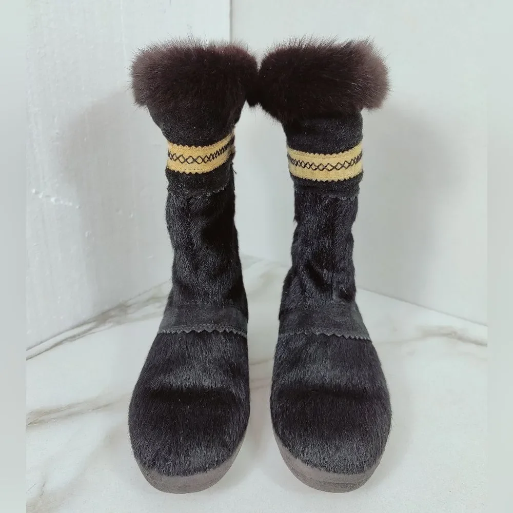 VTG Tecnica Black Goat Fur Aztec Style Trim Apres Ski Winter Snow Boots, 6